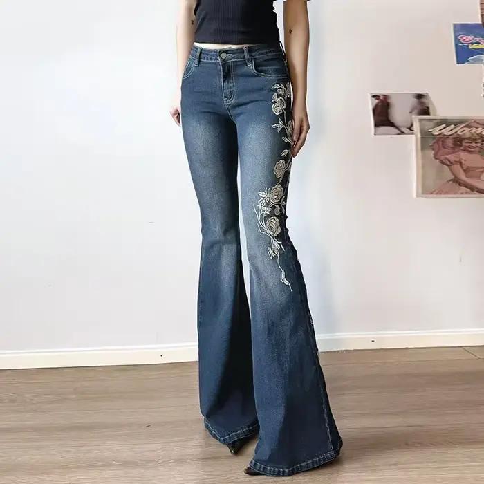 Jeans rétro Y2K, jeans baggy à broderies florales, jeans vintage pour femmes des années 2000, pantal