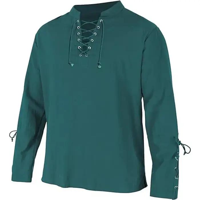 Chemises à manches longues pour hommes, à lacets, col en v, manchette, Pirate médiéval, Streetwear,
