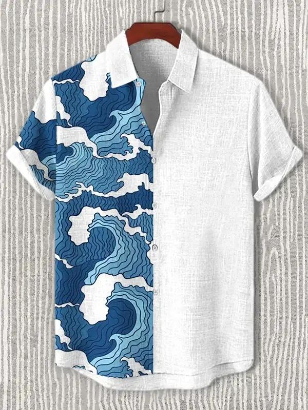 Ukiyoe Wave Print Men's Hawaiian Shirt Polyester Fabric, Summer Casual Vacation and Outdoor Wear Men