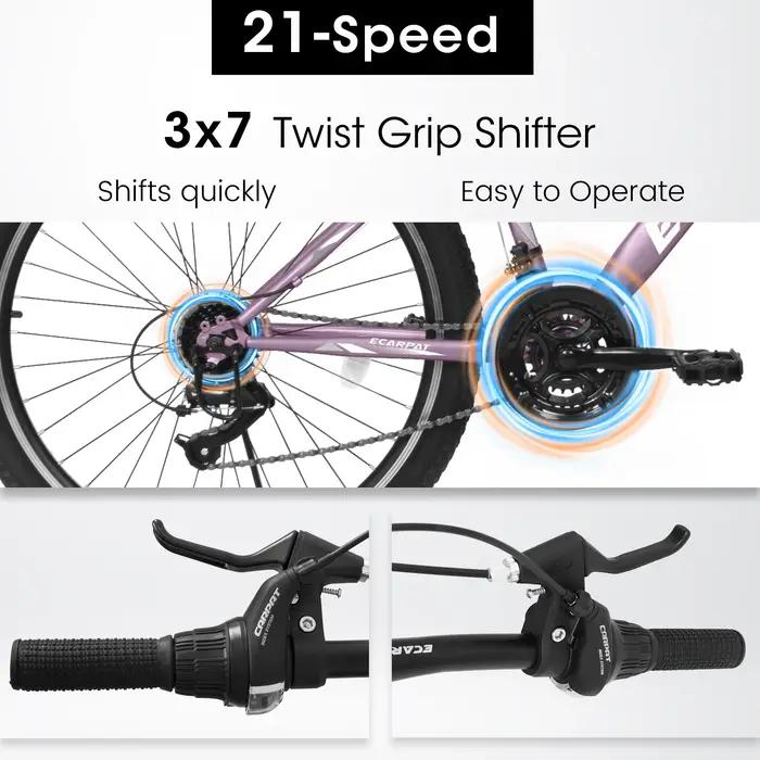 Ecarpat-Vélo de montagne pour femme, roue de 24 ", cadre en acier de 15", 21 vitesses, vélos de mont
