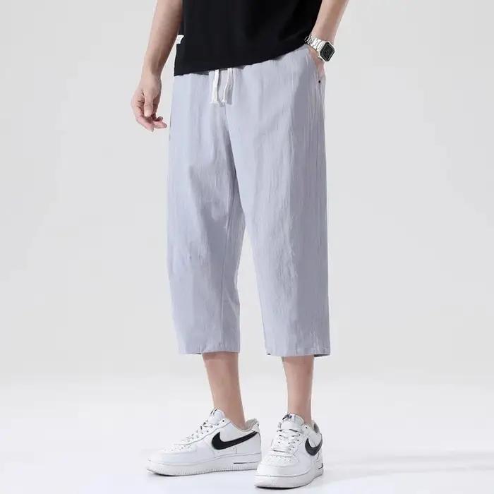 Pantalon court en lin pour hommes, décontracté, couleur unie, jambe droite, léger, grand, imitation