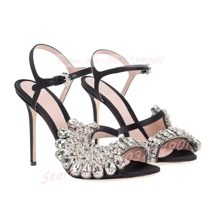 Bout ouvert cristaux fleur sandales femmes mariage luxe bride à la cheville bout rond talons aiguill