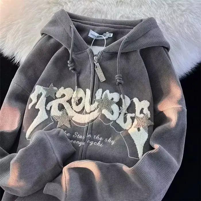 Sweat-shirt à capuche brodé avec fermeture éclair pour femme, haut à manches longues, ample, chemise