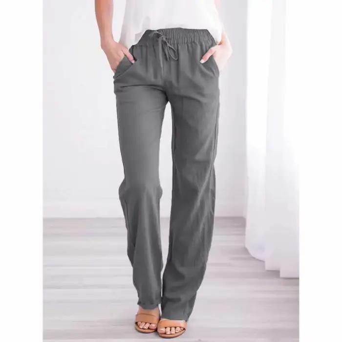 Pantalon en coton et lin pour femmes, avec cordon de serrage, taille élastique, décontracté, couleur