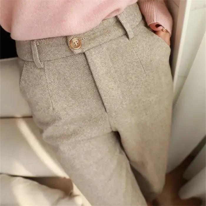 Pantalon crayon sarouel en laine pour femme, taille haute, pantalon décontracté imbibé, bureau, auto