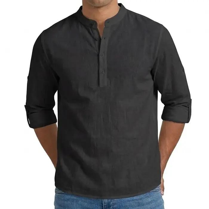 Chemises pour hommes en mélange de lin de qualité supérieure, hauts Henley à manches longues, style