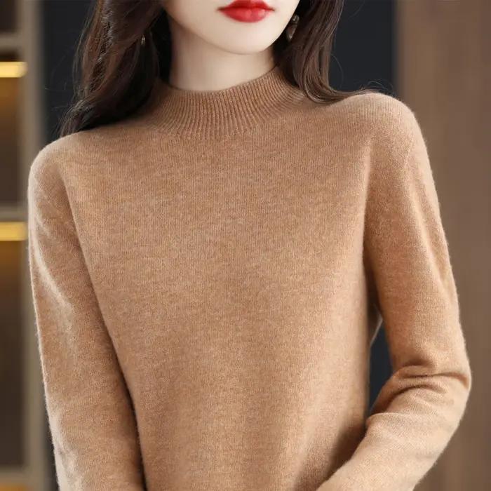 Pull pour femmes printemps tricots 100% laine mérinos tricoté pull col roulé à manches longues pull
