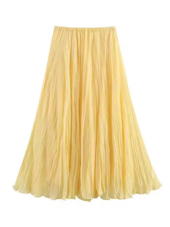 Jupe longue plissée élastique pour femme HH, jupe longue plissée fluide en A, jaune, blanc, rose, po