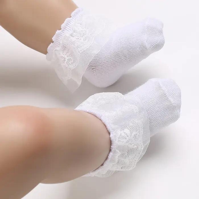 4 paires chaussettes courtes coton dentelle bébé 0-1 an - Blanc baptême garçons filles - Nouveau-né
