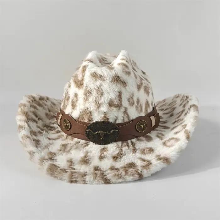 Chapeau de cowboy en fourrure de lapin imprimé léopard 7,5 cm Fedora de cowboy occidental pour homme