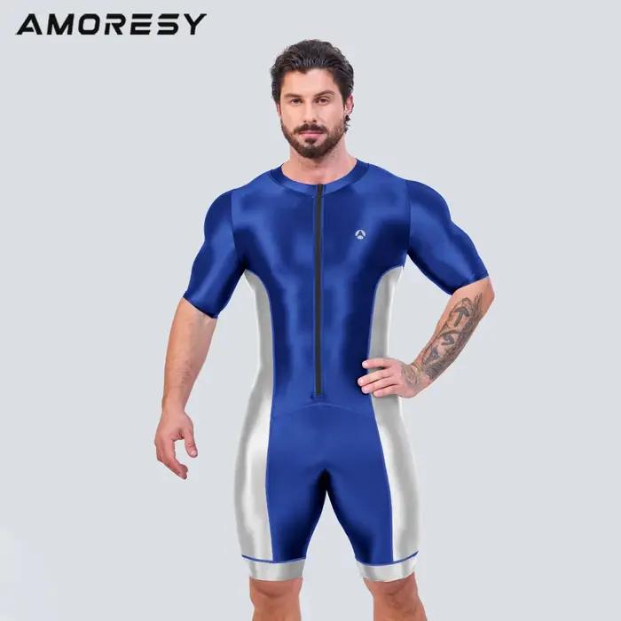 AMORESY hommes lisse Satin course Catsuit demi manches body Yoga sport cyclisme salopette survêtemen