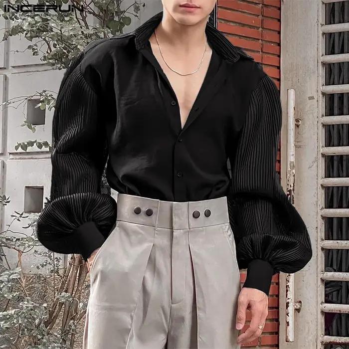 INCERUN hauts 2025 Style coréen mode nouveaux hommes Texture fosse rayure chemises décontracté Simpl