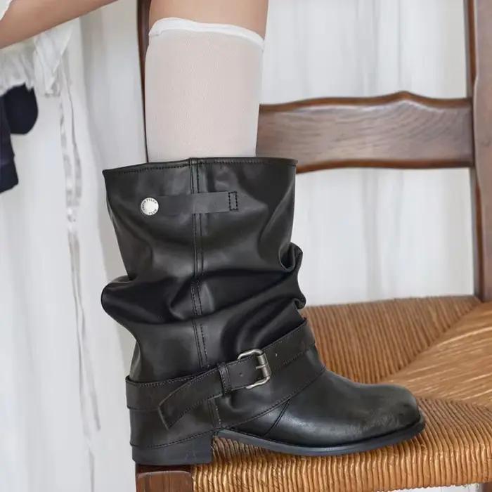 Bottes mi-mollet noires pour femmes, style décontracté, avec boucle, bout carré, talon épais, bottes