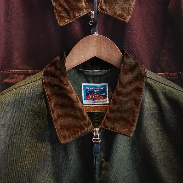 Maden-Veste en toile épaisse rétro pour homme, veste zippée courte avec poches, col en velours côtel