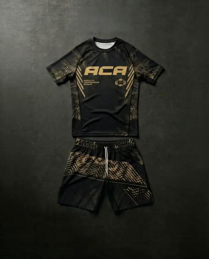 Ensemble de compression pour homme 2026 : Rashguard et short de combat, motif lignes or et blanc, in