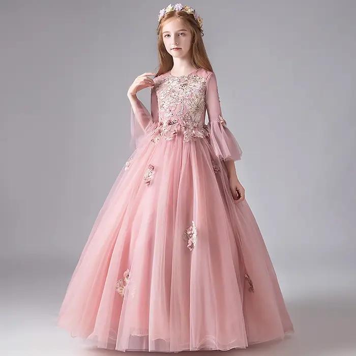 Robe de Demoiselle d'Honneur en Dentelle Rose pour Enfant, Tenue de Princesse à Manches Évasées, de