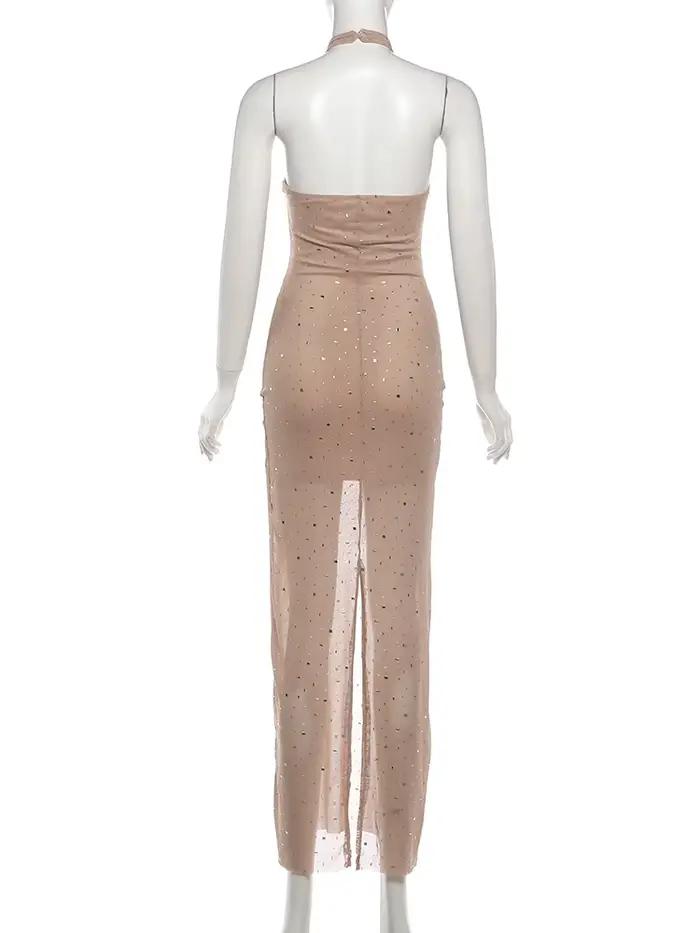 Robe de soirée sexy Kliou pour femme, décoration en faux diamants, col rond, épaules dénudées, taill