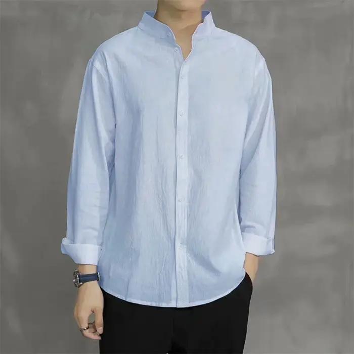 Chemise à manches longues pour hommes, couleur unie, coton et lin, col Henley, simple, respirant, St