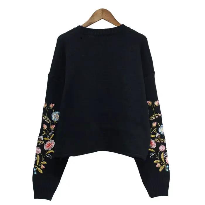 Pull Vintage brodé à col rond et fleurs pour femme, haut ample, coréen, à manches longues, à la mode