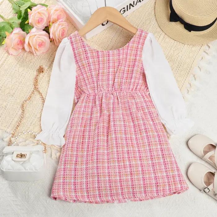 Menoea – robe d'automne pour filles, col rond, carreaux, boutons en dentelle, manches longues, mode