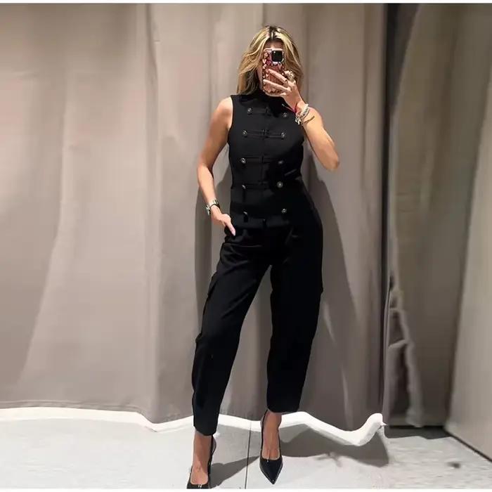 Top Femme Printemps 2026 Nouveau Noir Sans Manches avec Nœud Décoratif Coupe Ajustée Gilet Unique Te