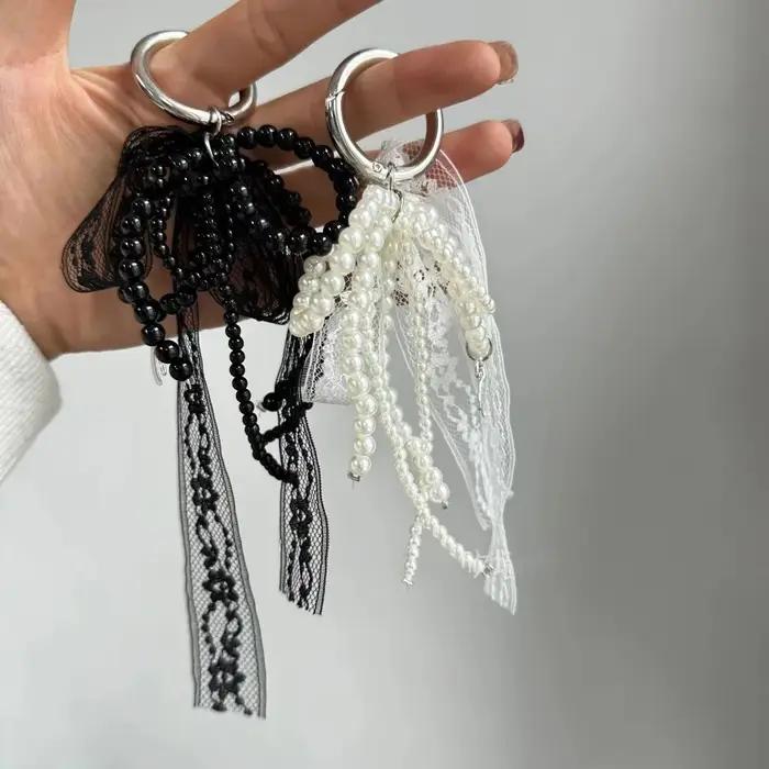 Porte-clés en dentelle mignon, nœud blanc/noir, pendentif de sac, chaîne de téléphone, accessoire d'