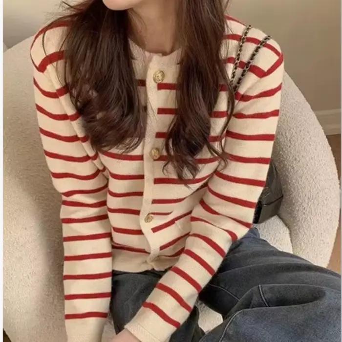 Cardigan à Rayures pour Femme, Col Rond, Simple Boutonnage, Manches sulf, Crop, Y-Fashion, Décontrac