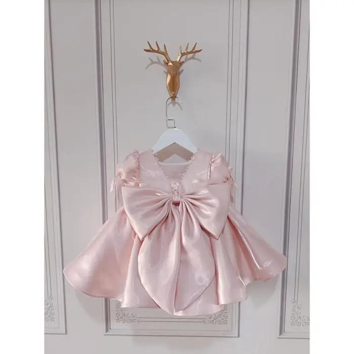Robes pour enfants à manches bouffantes et perles roses, avec nœud, vêtements de spectacle de danse,