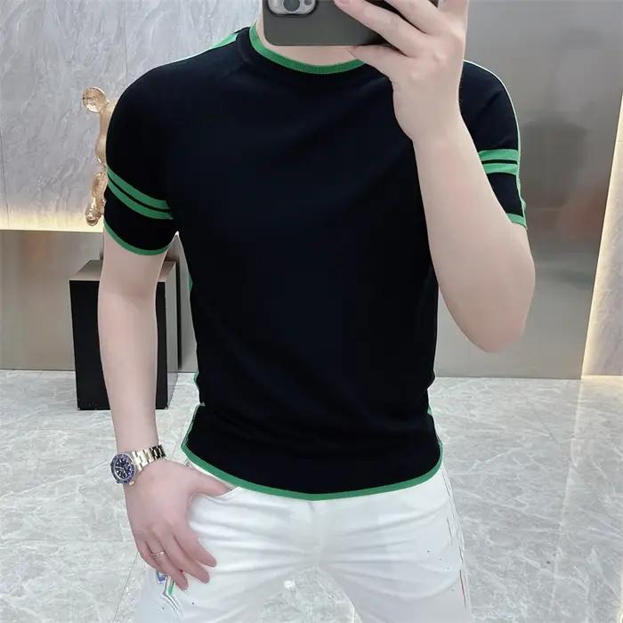 T-shirt d'été à rayures pour hommes T-shirt à col rond à manches courtes Ice InjShort T-shirt Slim F