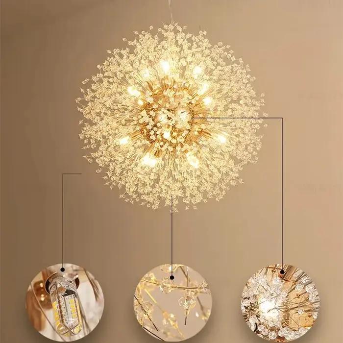 Lustre pissenlit doré moderne et luxueux, salon, salle à manger, chambre à coucher, étoile, boule de
