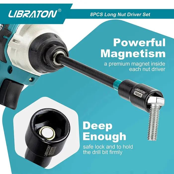 Libraton 8 pièces jeu de tournevis d'écrou magnétique pilotes d'écrou longs métriques perceuse à per