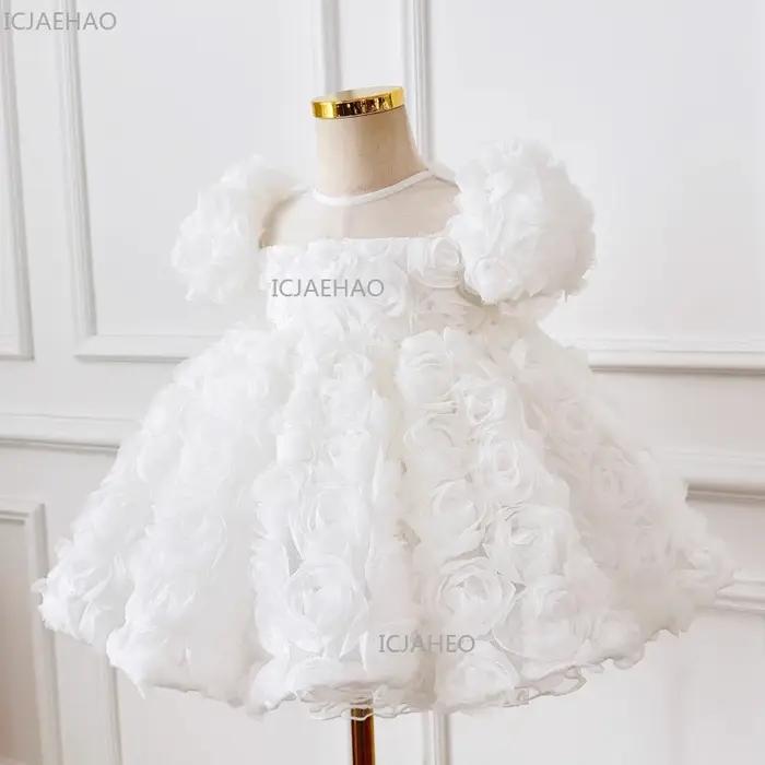 Robe de princesse blanche 2026 pour enfants, à manches courtes bouffantes, motif floral 3D, pour fêt