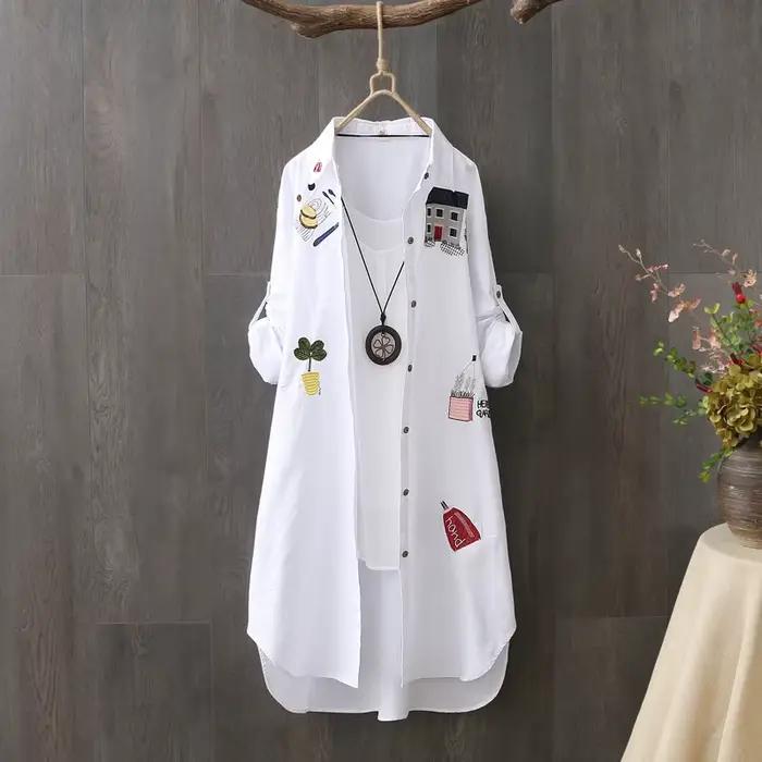 Femmes coton broderie ample longues chemises blanches 2025 printemps automne nouveau décontracté bur