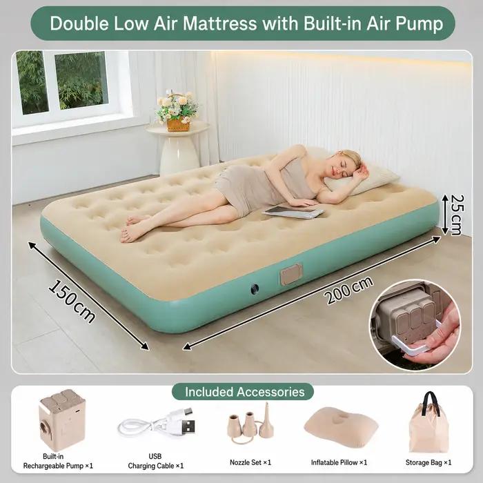 Matelas gonflable avec pompe électrique intégrée, lit d'air surélevé double, dessus floqué épais, li