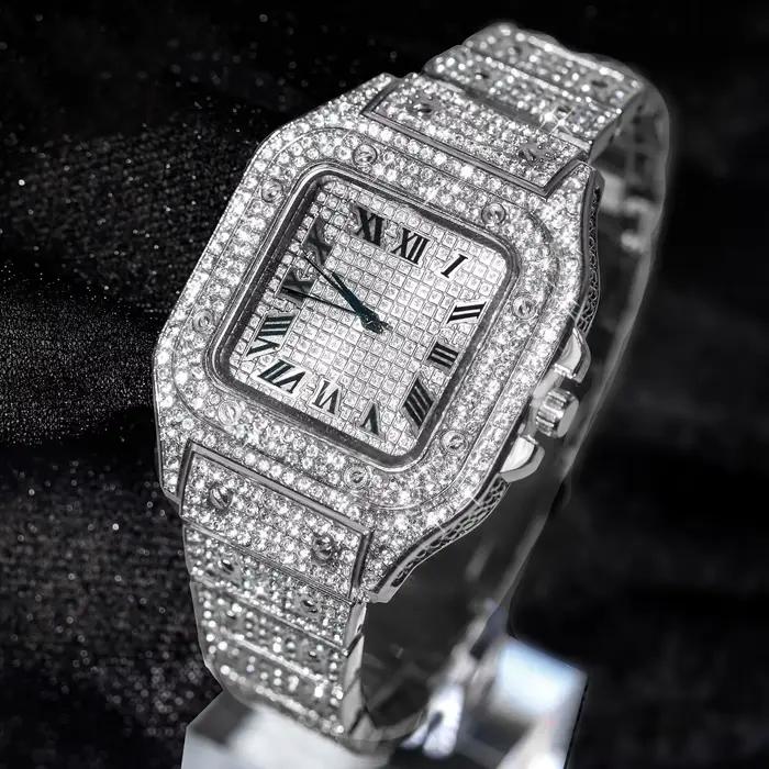 Montres pour hommes de luxe de marque bracelet en alliage élégant Hip Hop diamant or Date Montre à Q