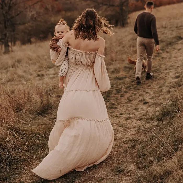 Robe de gâteau en coton et lin doux, épaules dénudées, manches longues, style bohème, pour séance Ph