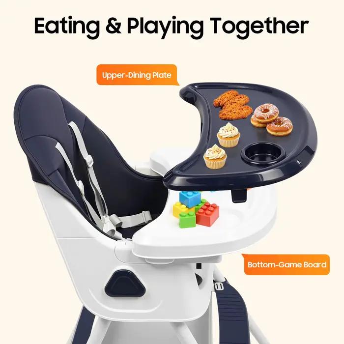 Chaise haute pour bébé, harnais de sécurité à 5 points, capacité de charge de 176 lb, plateau double