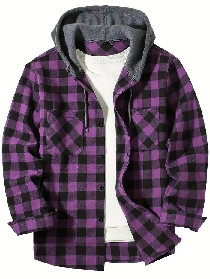 Chemise à carreaux à capuche coupe couvertes pour hommes, chemise à manches longues, chemise de voya