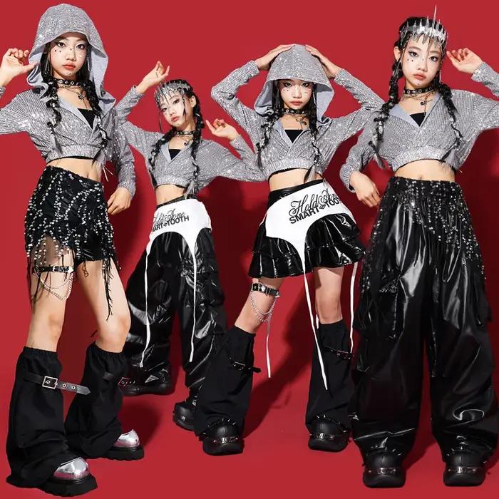 Ensembles de vêtements pour filles K-pop, sweats à capuche argentés et noirs à paillettes, shorts de
