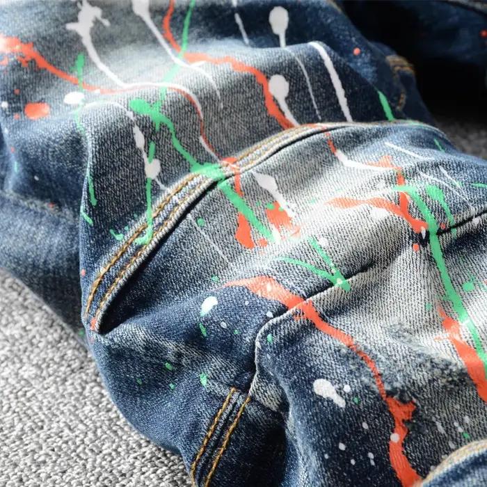 Jean Déchiré Rétro Bleu pour Homme, Pantalon de Motard en Denim, Slim Fit, Peint, Épissé, de Stylist