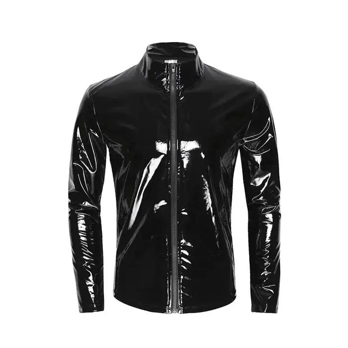 Nouveaux hommes Cardigan à fermeture éclair col montant chemise PVC brillant en cuir verni Sexy serré extensible Latex v