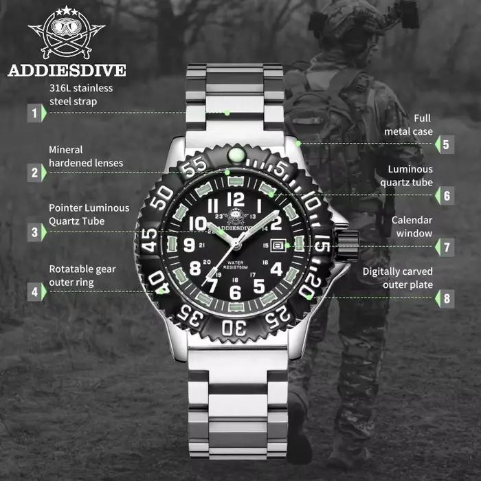 Addies Dive-Montre à quartz décontractée pour homme, affichage du calendrier, étanche 50m, tube, cad