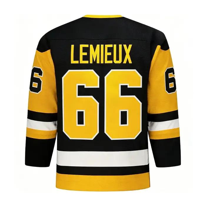 Maillot de hockey 2026 jaune/blanc/noir avec accents et logo pingouin, respirant, imprimés 3D HD pou
