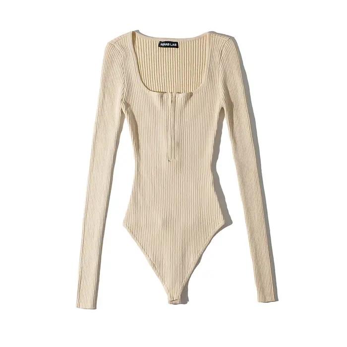 Body à Manches sulfet Col Carré pour Femme, Streetwear Sexy, Moulant, Fermeture Éclair, Noir, Tenues