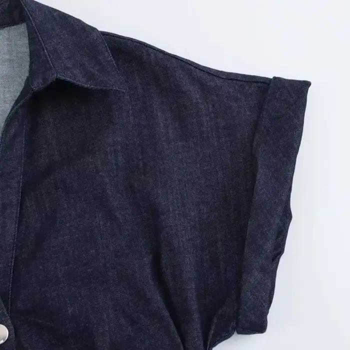 Printemps nouvelle série 1975 denim robe MIDI avec revers côté fermeture éclair mode rides taille mi