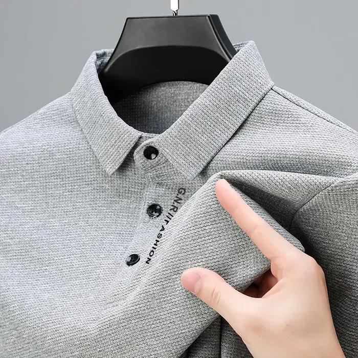 POLO gaufré à manches longues pour hommes avec lettre imprimée revers haut décontracté