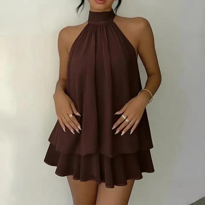 Robe mini élégante en mousseline de soie à col halter sans manches et à volants superposés pour femm
