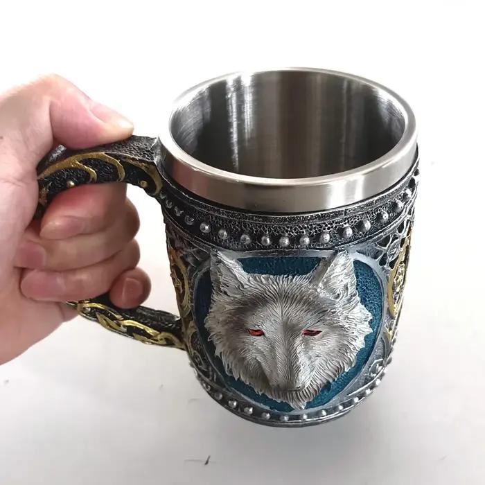 Tasse à Bière en Bois de Style Viking, Simulation de Baril en Bois, à Double Paroi, Isolée en Métal,