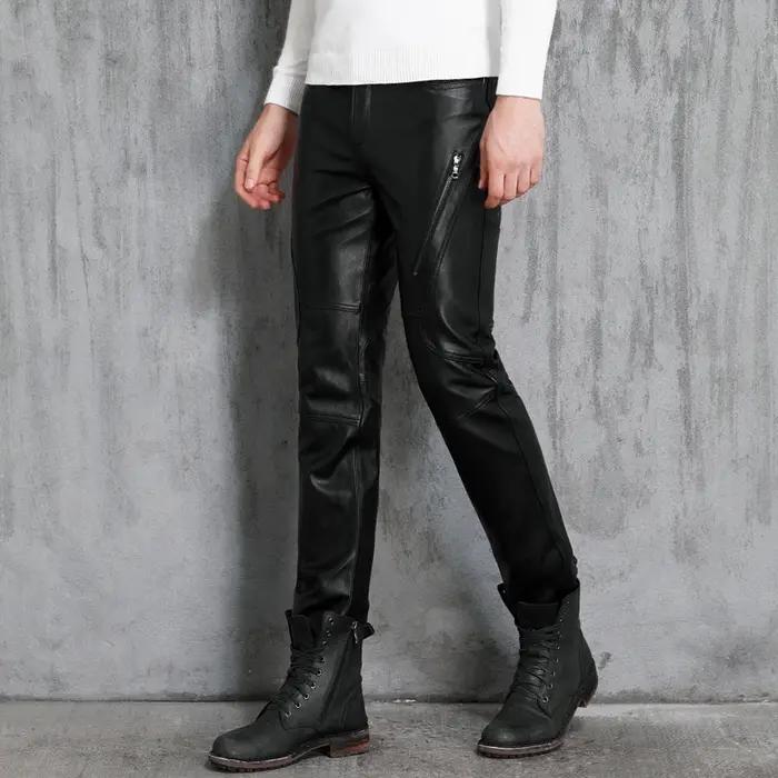 Pantalon Slim en cuir véritable pour hommes, moto pour jeunes, personnalité en peau de mouton, vêtem