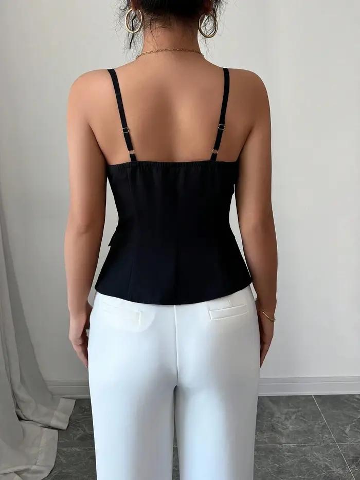 Débardeur décontracté pour femme, noir, printemps-été, à fines bretelles, col cœur, boutonné, coupe